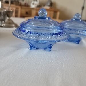 EAPG.  Lidded Blue Glass Small Containers.